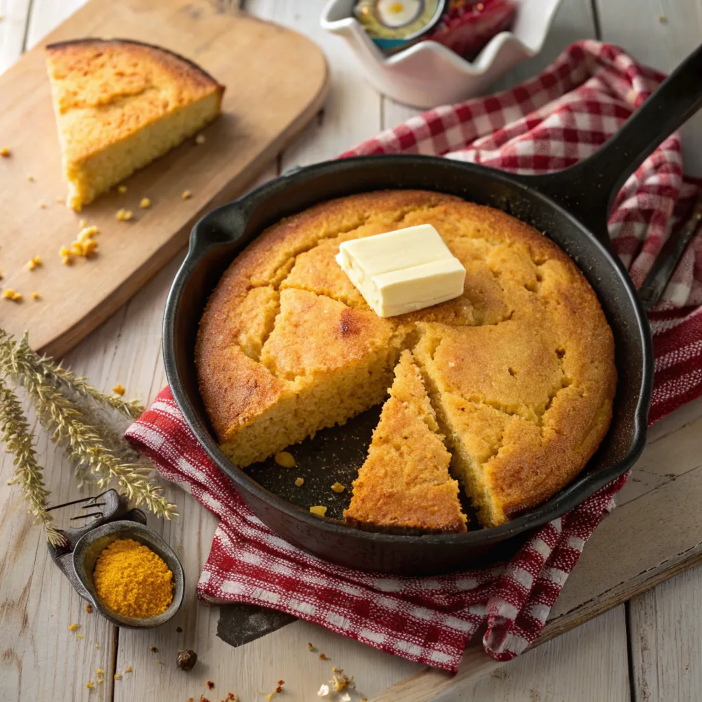 Freshly baked Southern cornbread RECIPE in a cast-iron skillet with a slice cut out and butter melting on top.