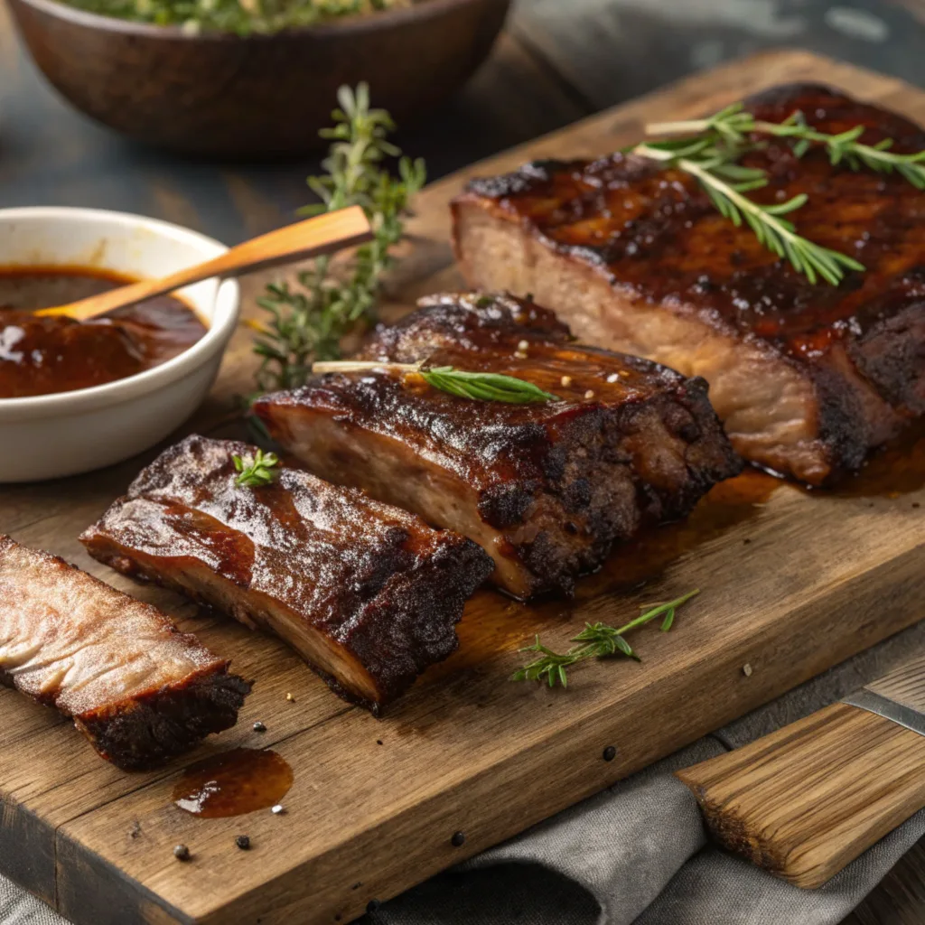 Cooked country style beef ribs glazed with BBQ sauce on a wooden cutting board.