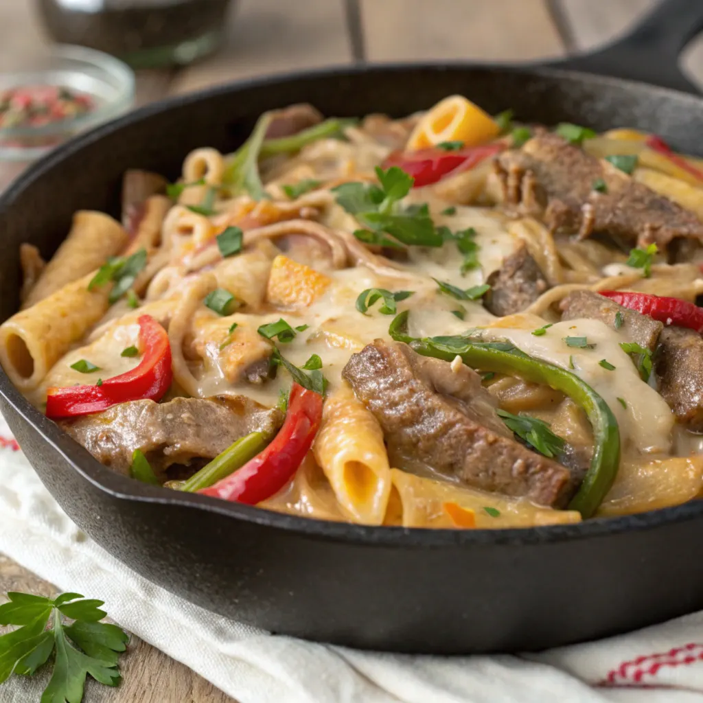 Creamy Philly cheesesteak pasta RECIPEwith steak, peppers, onions, and melted provolone cheese.