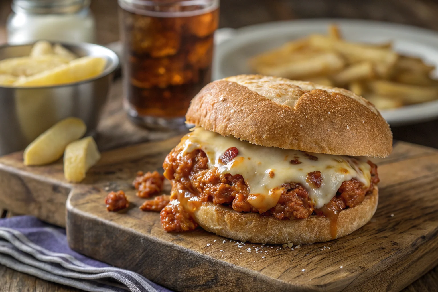 Cheesy Chicken Sloppy Joe on toasted brioche bun with melted mozzarella