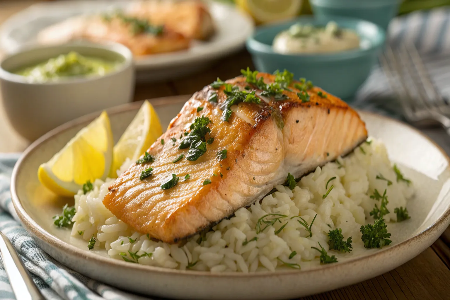 Perfectly cooked salmon fillet on fluffy jasmine rice with lemon butter sauce