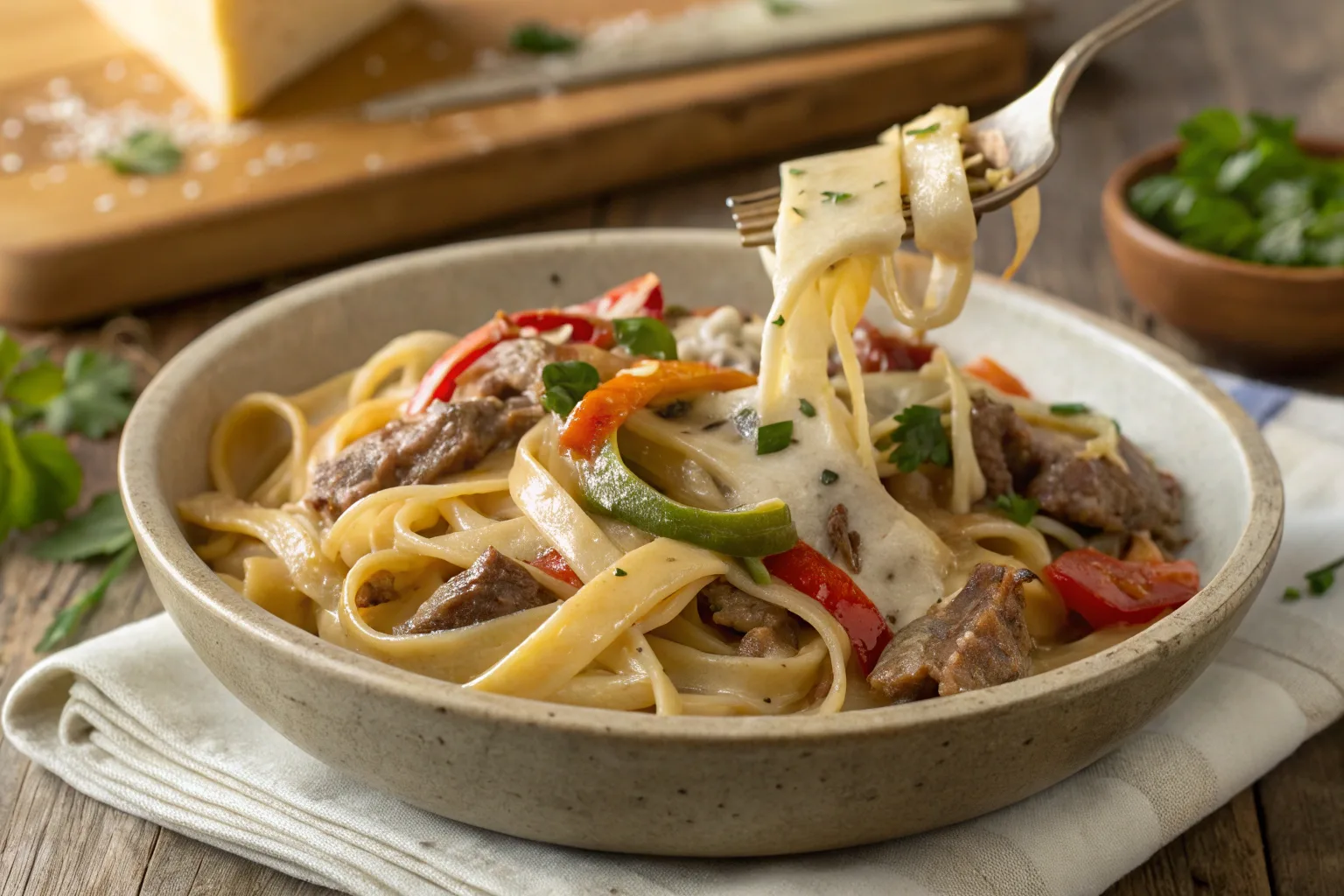 Philly cheesesteak pasta with steak, peppers, onions, and melted provolone in a creamy sauce.