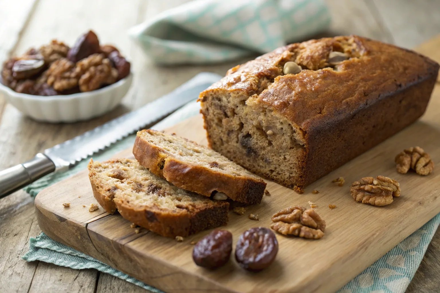 Homemade date nut bread with a golden crust and soft interior, sliced on a wooden board.