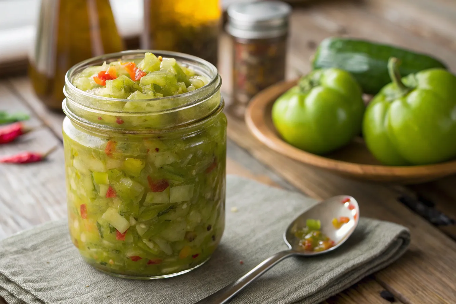 Homemade Chow Chow relish in a glass jar with fresh ingredients.
