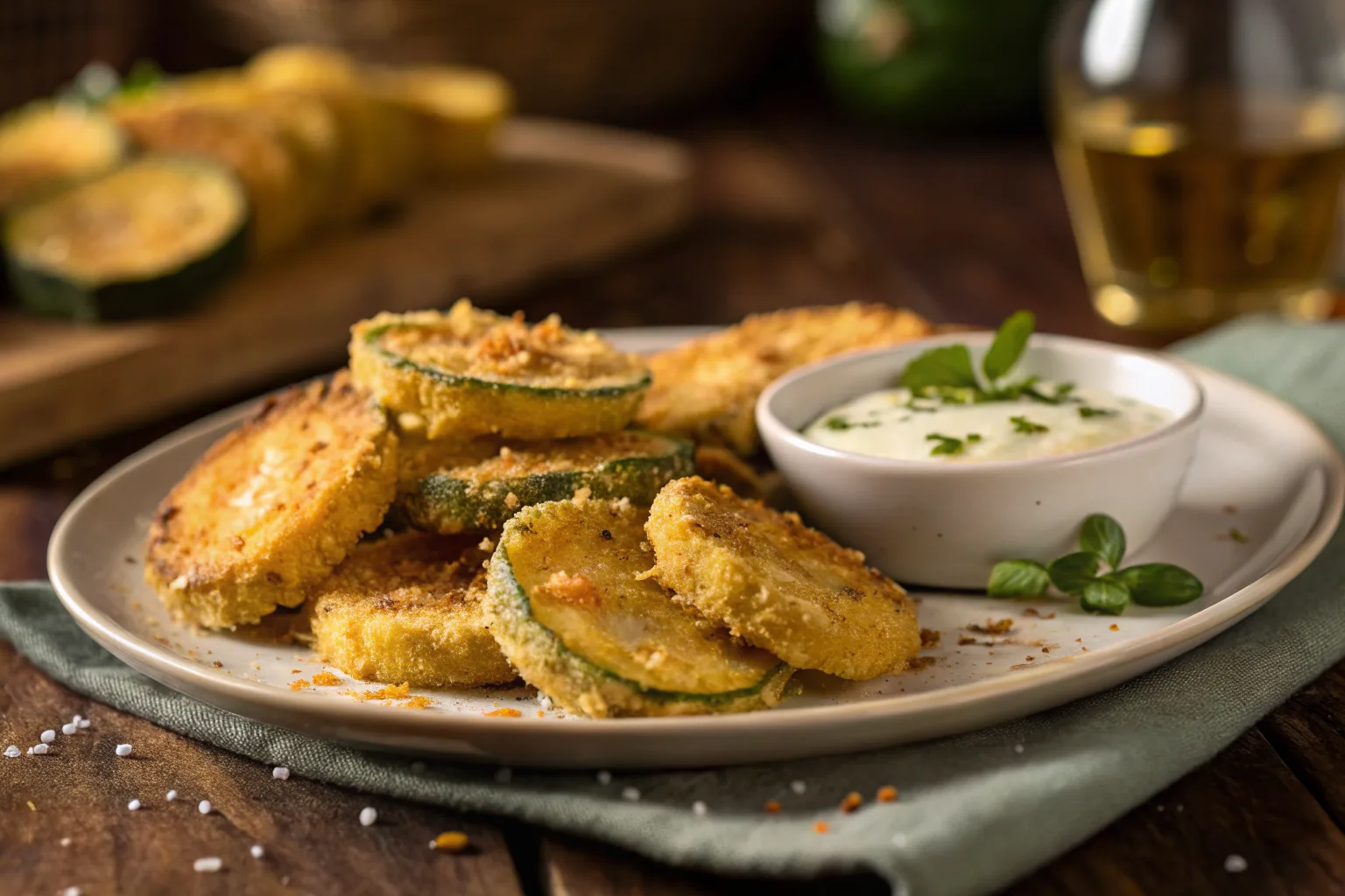 Crispy golden-brown fried squash slices on a plate with dipping sauce.