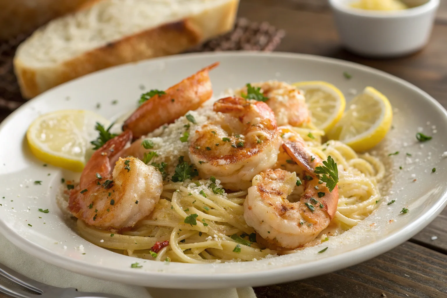Red Lobster shrimp scampi with garlic butter sauce, parsley, and parmesan cheese.