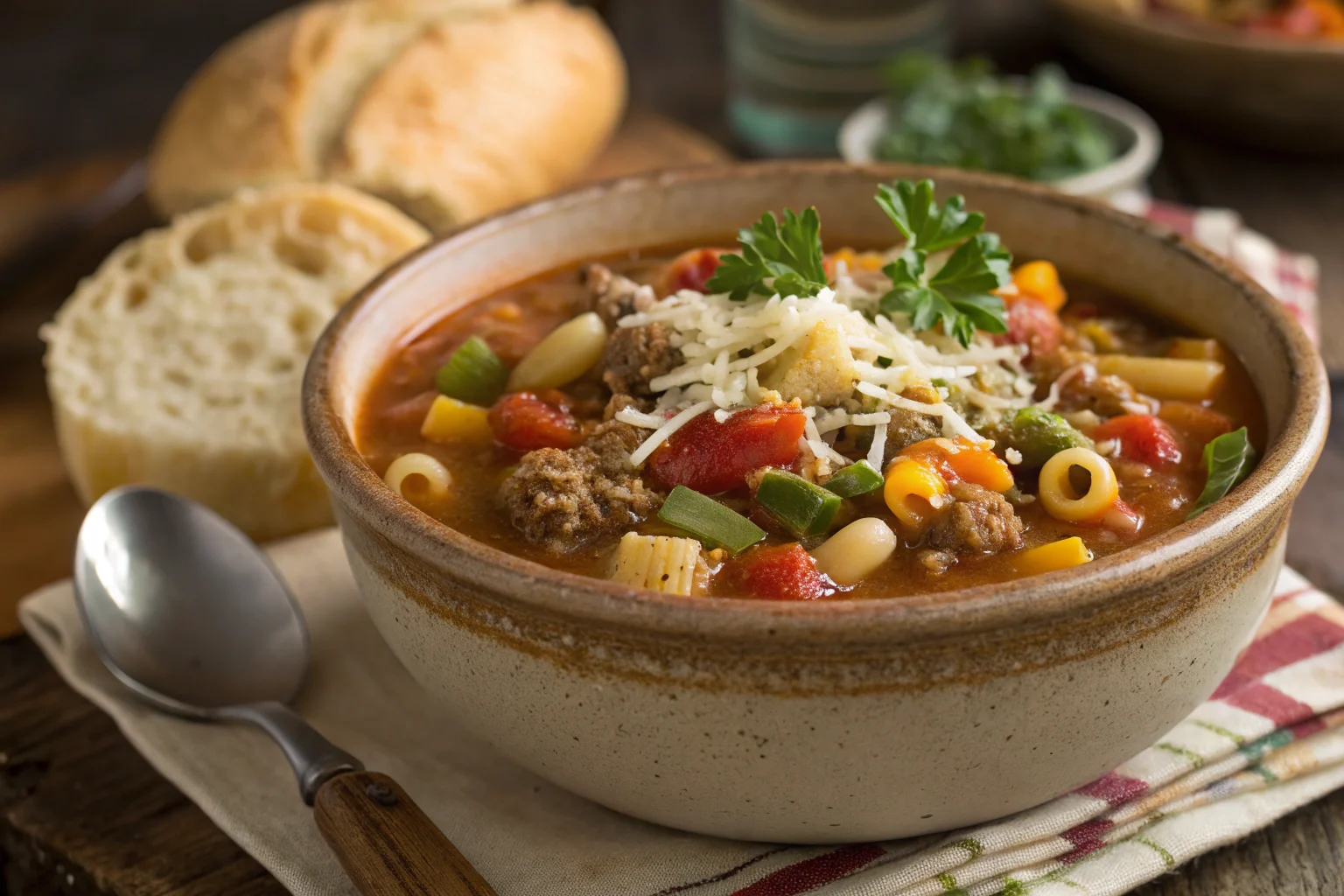 Hearty busy day soup with ground beef, vegetables, and macaroni in a savory broth.