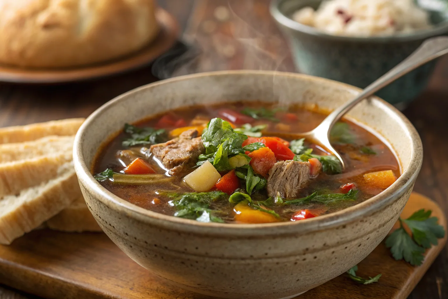 Hearty chopt soup with tender meat, vegetables, and greens in a flavorful broth.
