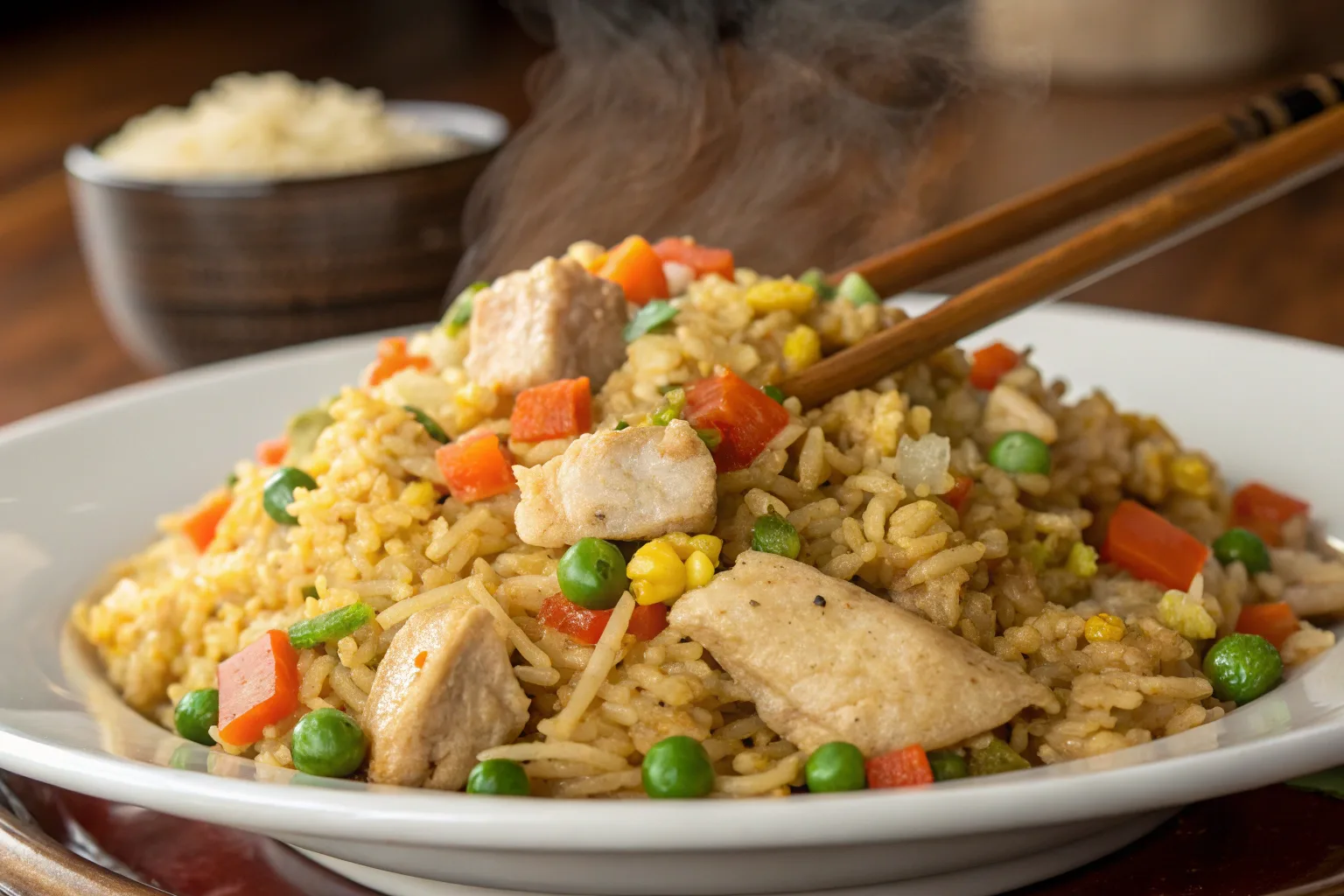 Benihana chicken fried rice with tender chicken, vegetables, and garlic butter
