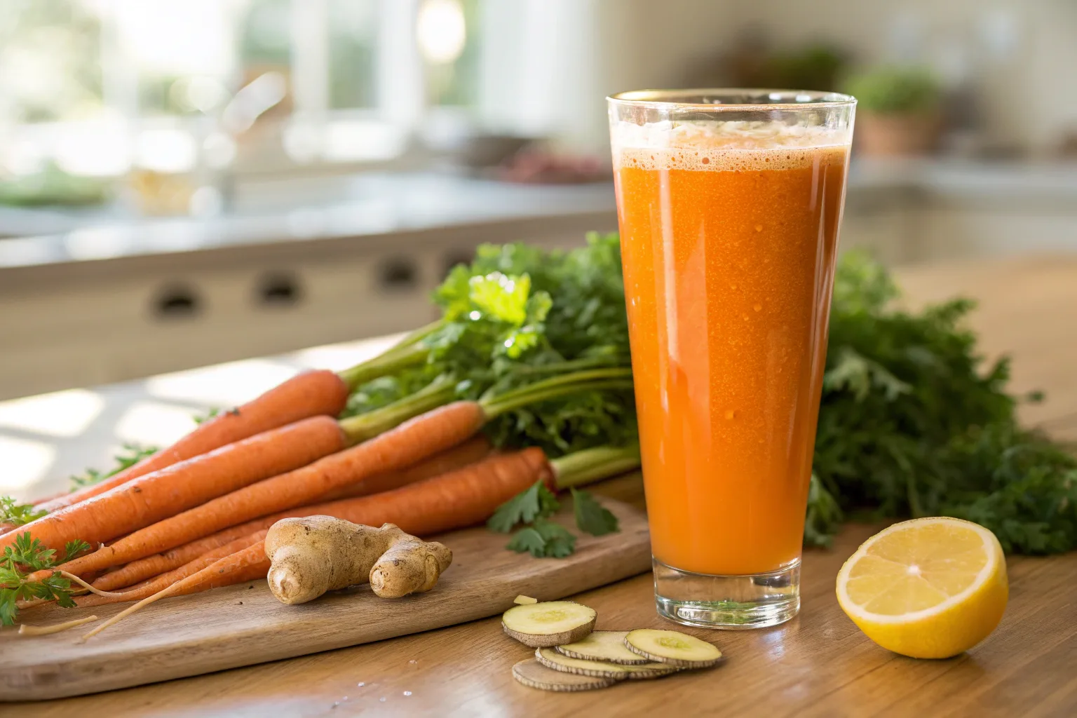 Fresh homemade carrot juice in a glass with whole carrots and lemon.