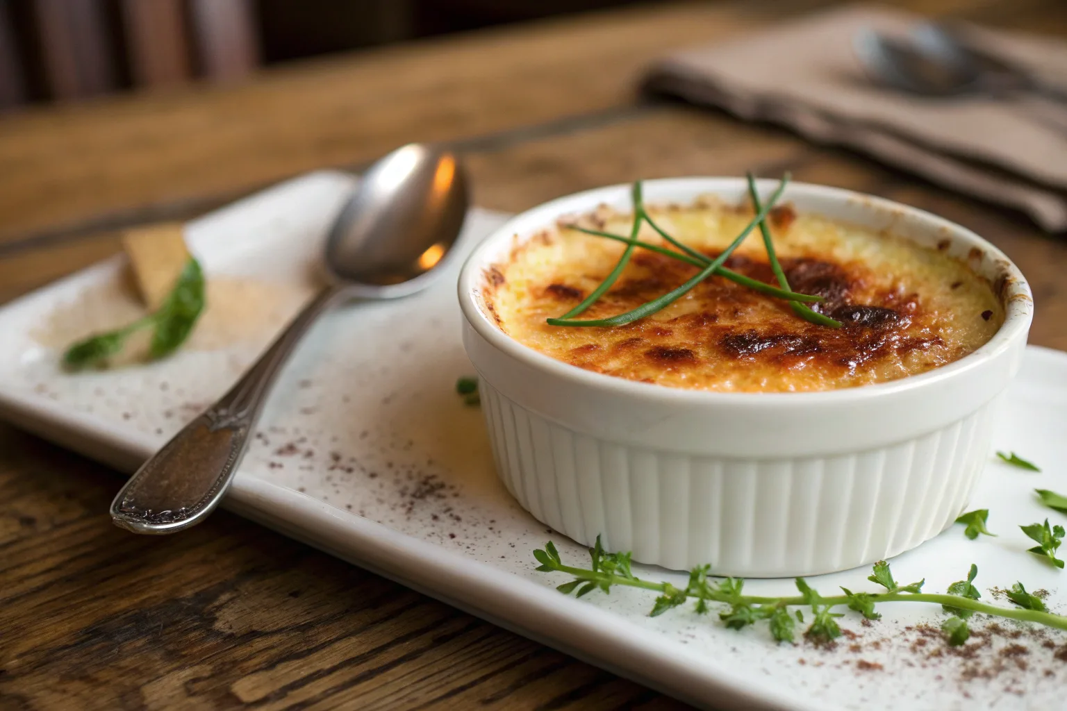 Crab brûlée with a golden caramelized sugar crust served in a ramekin