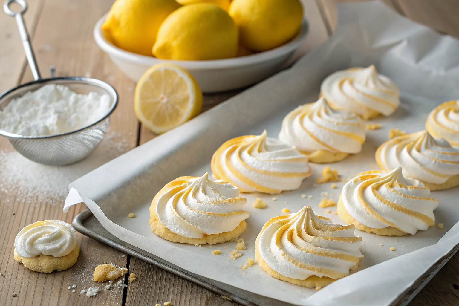 Freshly baked lemon meringue cookies with a crisp golden exterior on a baking sheet.