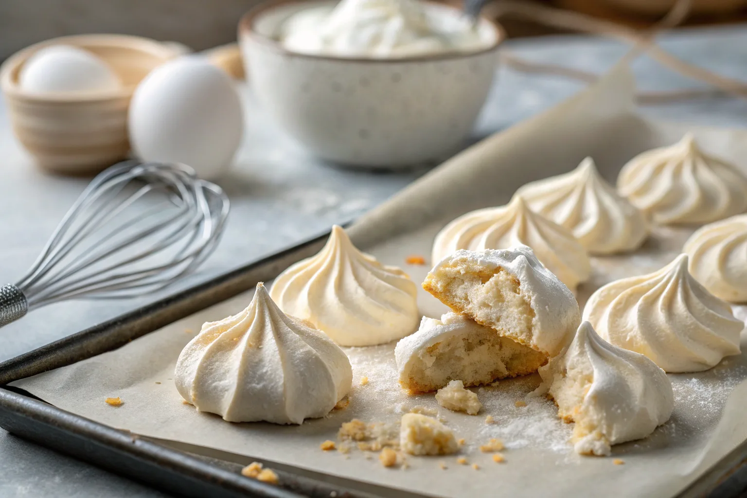 Crisp, glossy meringue cookies freshly baked on parchment paper.