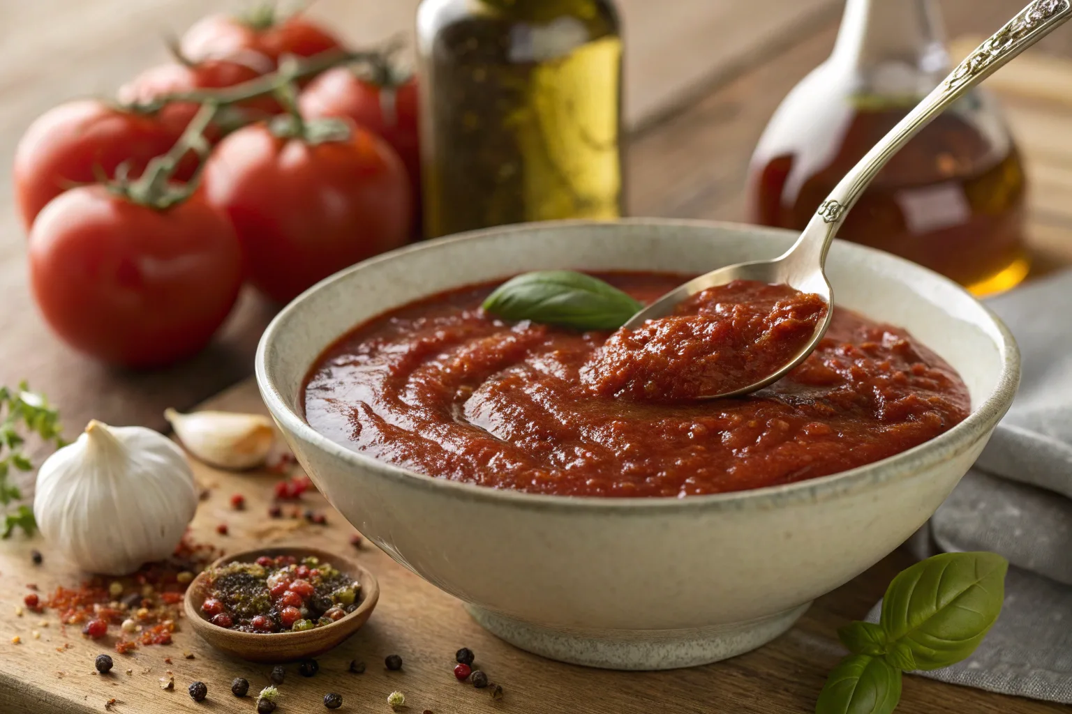 Mark’s Sweet Pizza Sauce in a bowl with fresh basil and tomatoes.