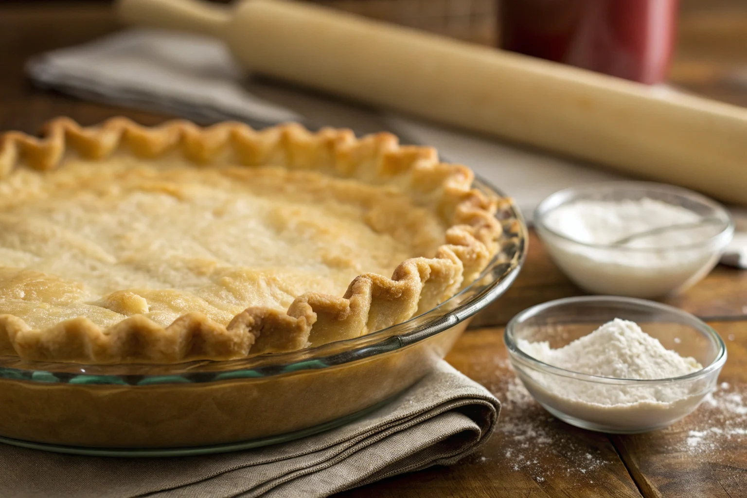 Flaky Crisco pie crust in a glass dish with crimped edges, ready for filling.