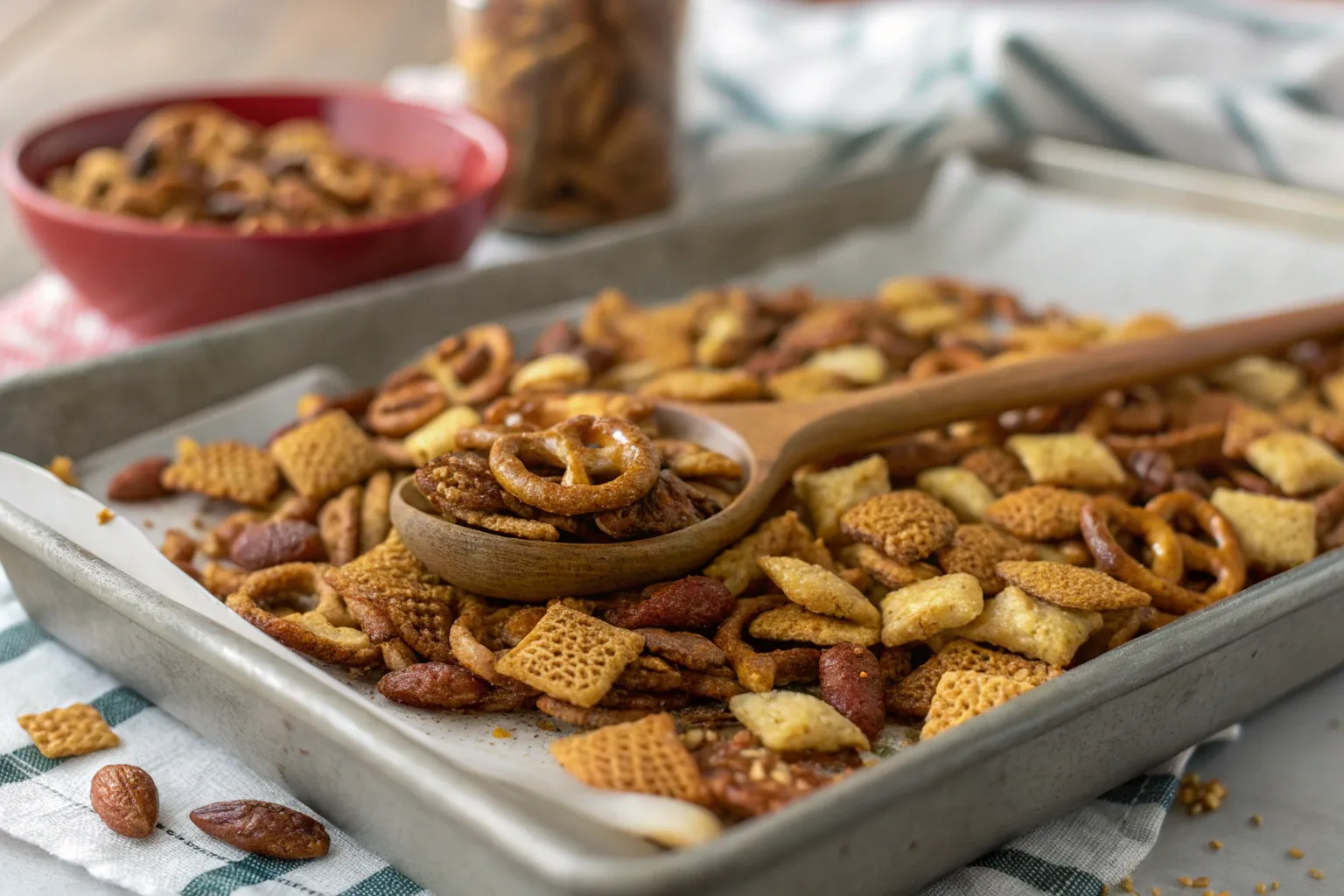 Oven-baked Chex Mix cooling on a baking sheet with pretzels, nuts, and bagel chips.