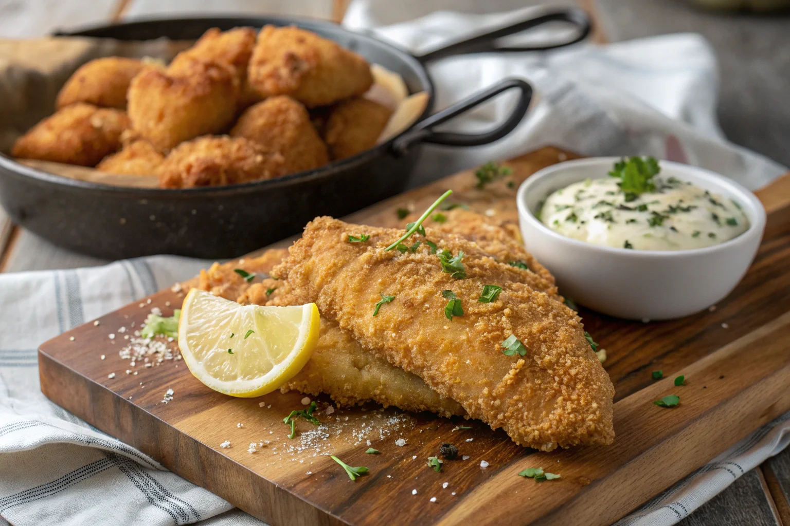 Golden, crispy fried fish with lemon wedges and tartar sauce.