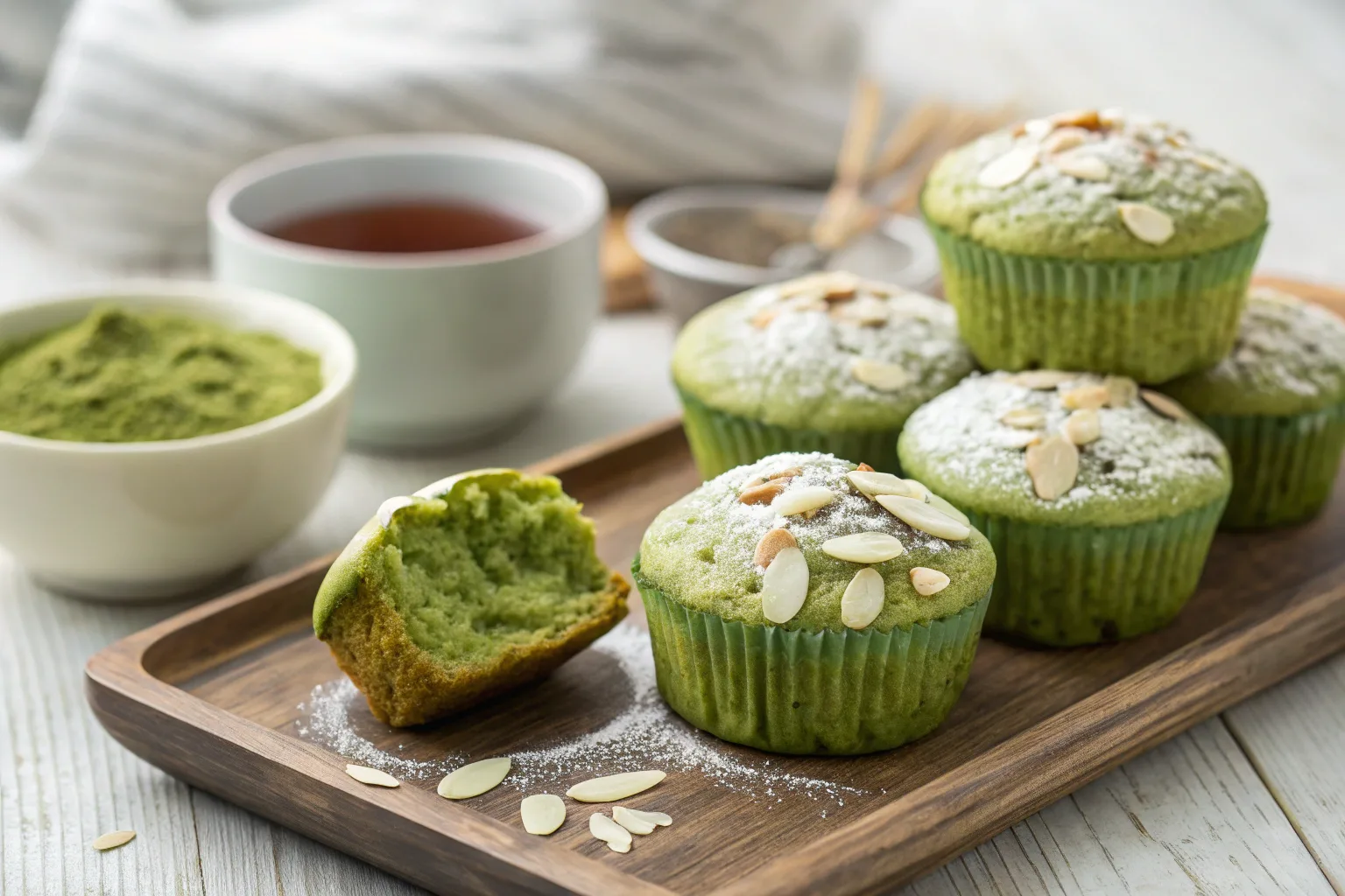 Freshly baked matcha muffins with almond flour, topped with sliced almonds