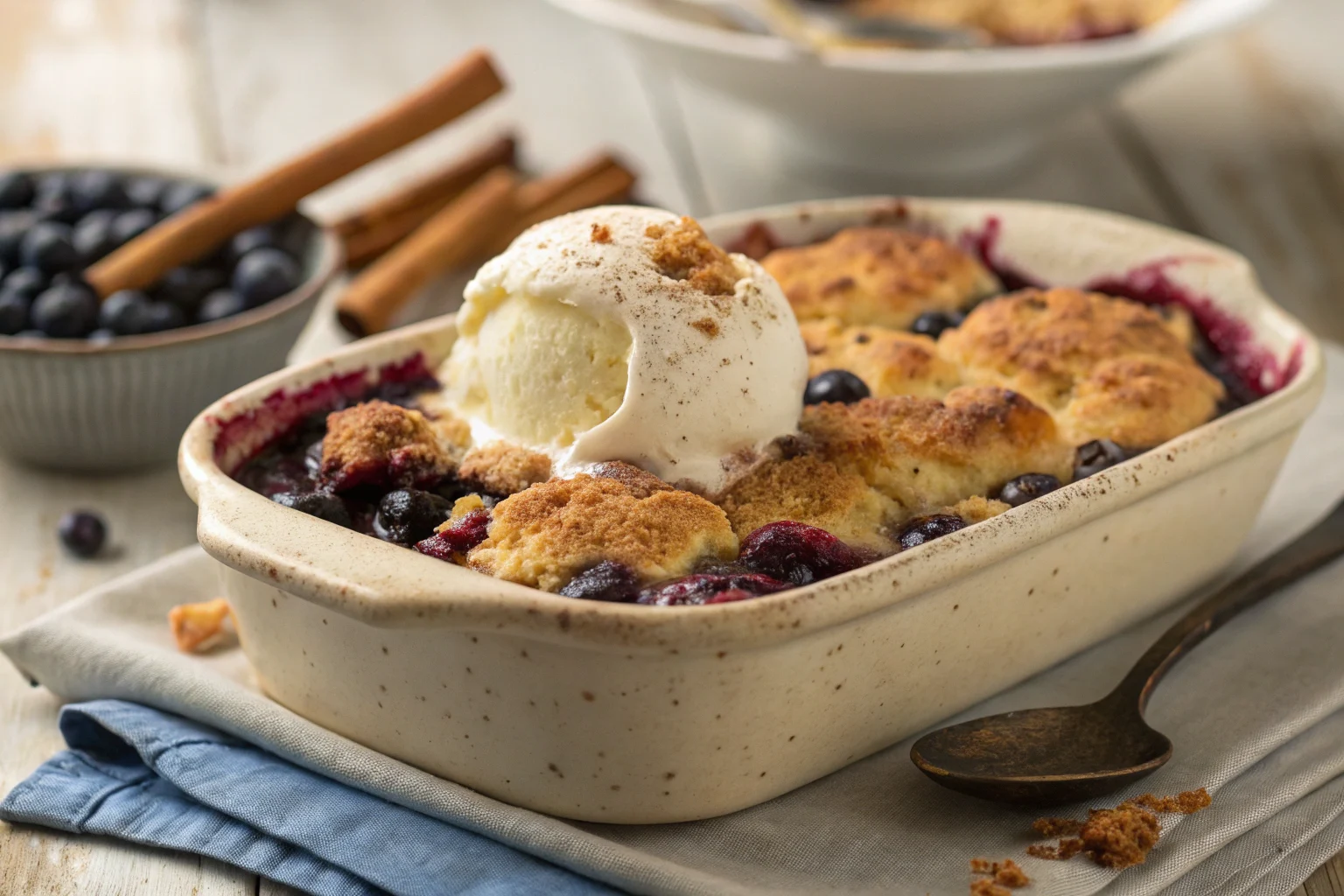 Freshly baked blueberry cobbler with a golden crust and bubbling blueberries.