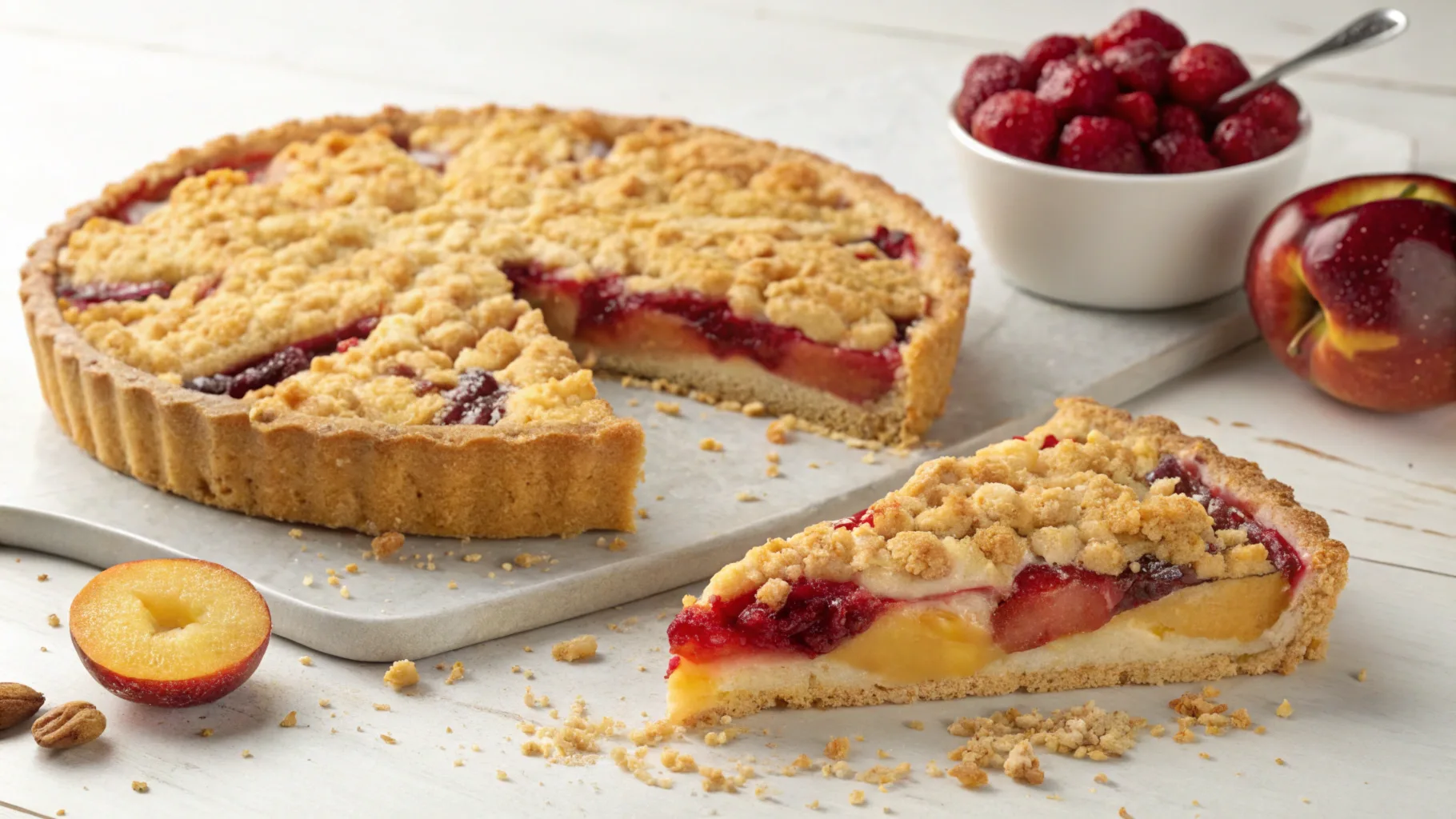 Difference Between Crumble and Streusel – A side-by-side comparison of a flaky crumble topping on a mixed berry crisp and a dense streusel topping on a coffee cake.