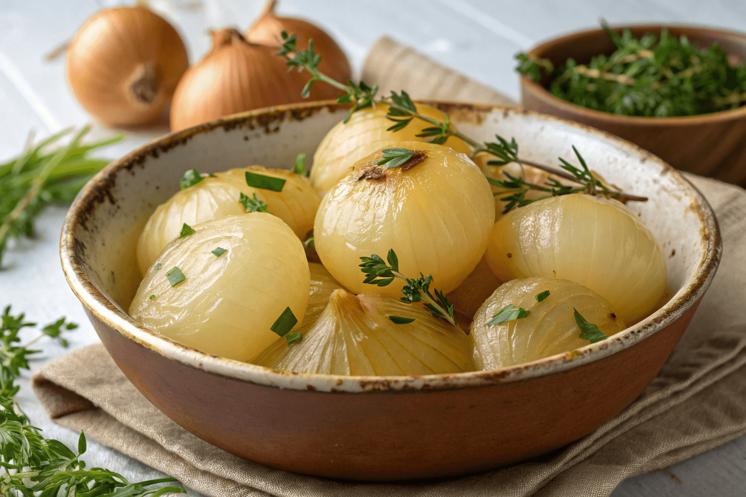 Freshly boiled onions garnished with herbs in a rustic bowl – Onion Boil Recipe