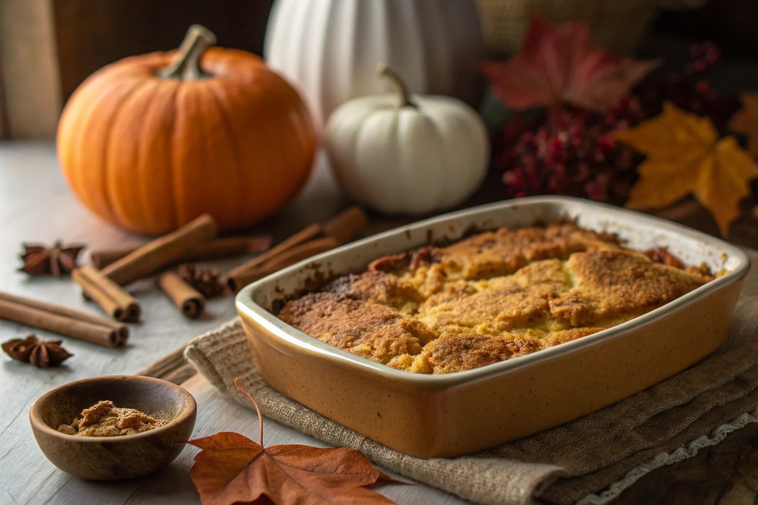Golden-brown pumpkin dump cake fresh from the oven
