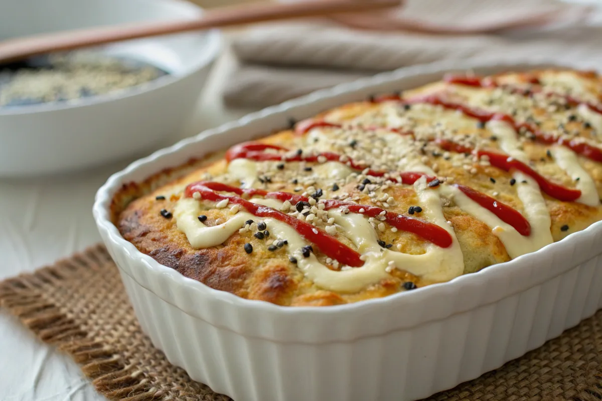 Golden, crispy sushi bake recipe with creamy toppings