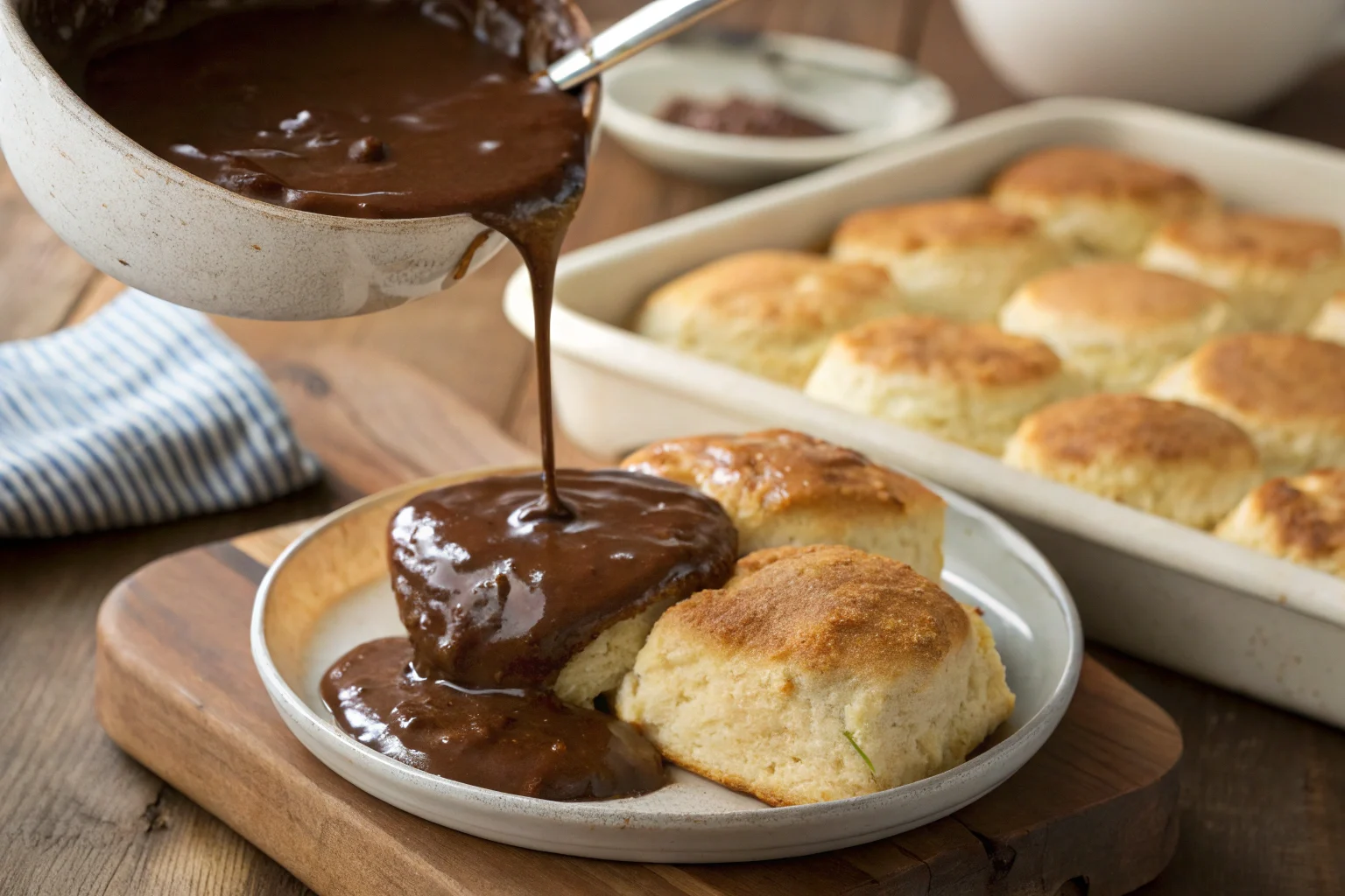 Rich and Velvety Chocolate Gravy Poured Over Fresh Biscuits