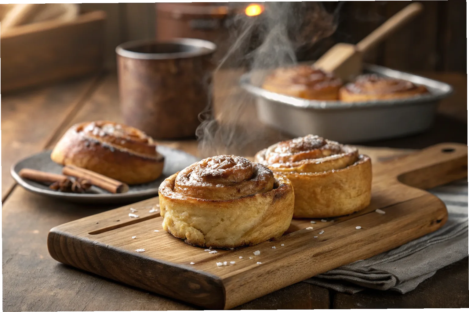 Golden, flaky Swiss Gipfeli resting on a wooden board, fresh from the oven.