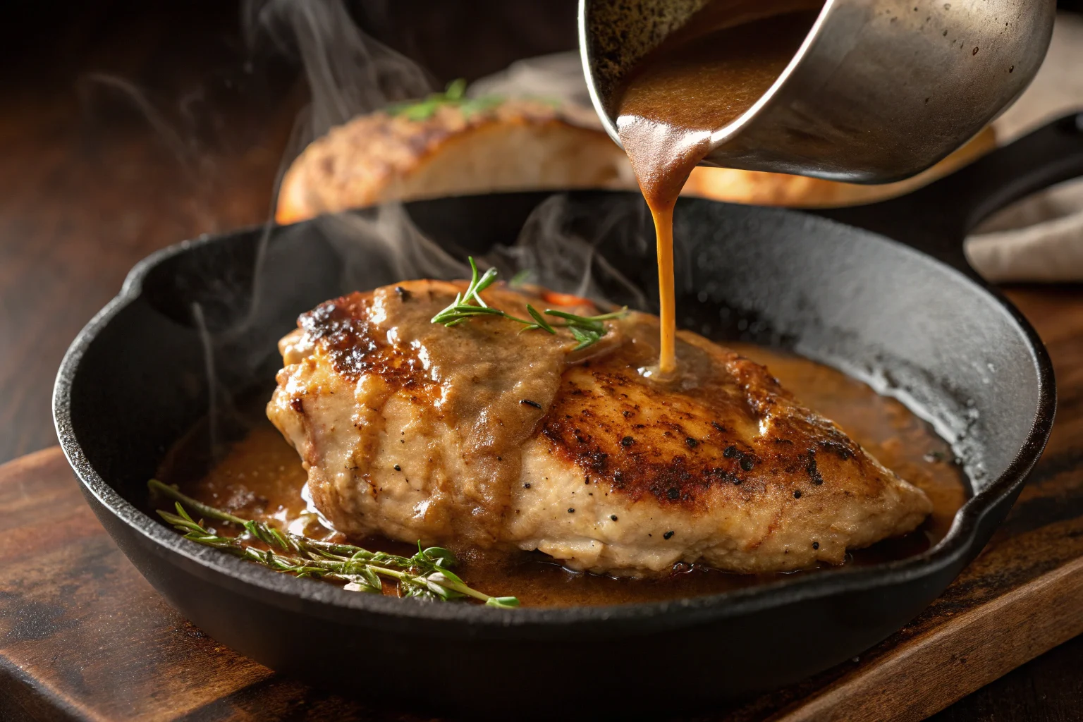 Golden-brown seared chicken covered in rich homemade gravy.