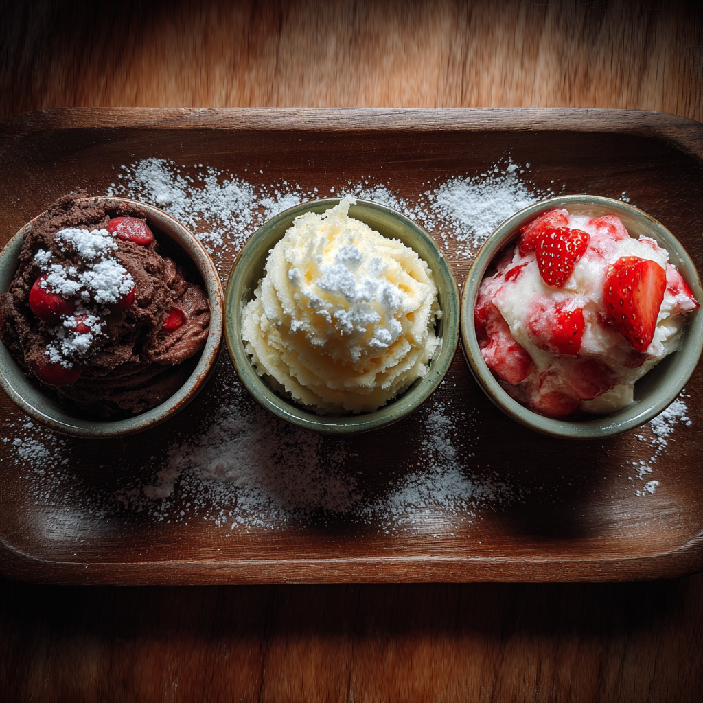 snow-cream-flavors Different flavors of snow cream in bowls