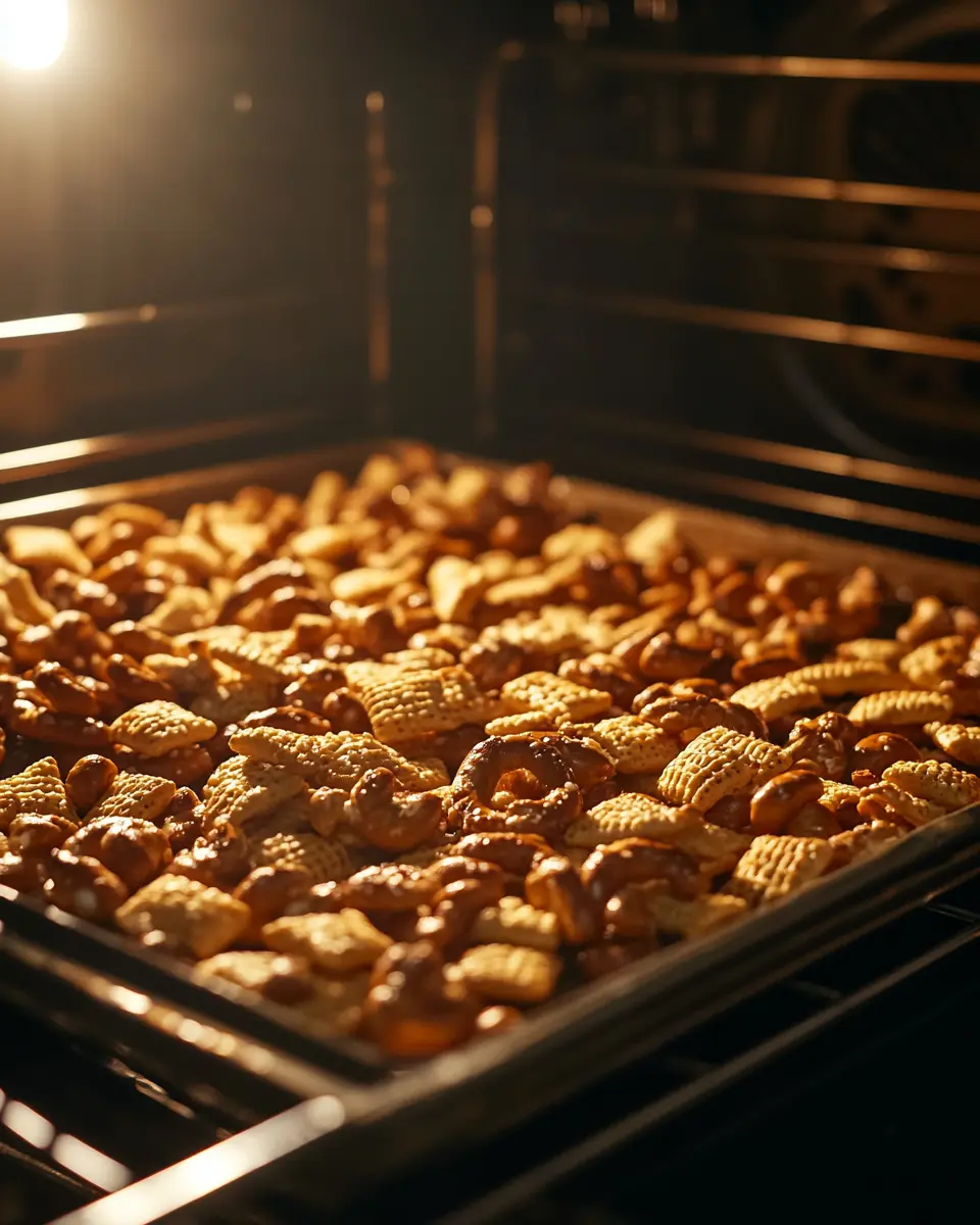 baking-chex-mix-process Chex Mix baking evenly in oven