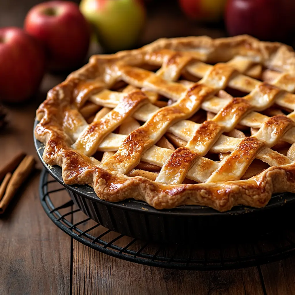 Lattice apple pie with Crisco pie crust on cooling rack
