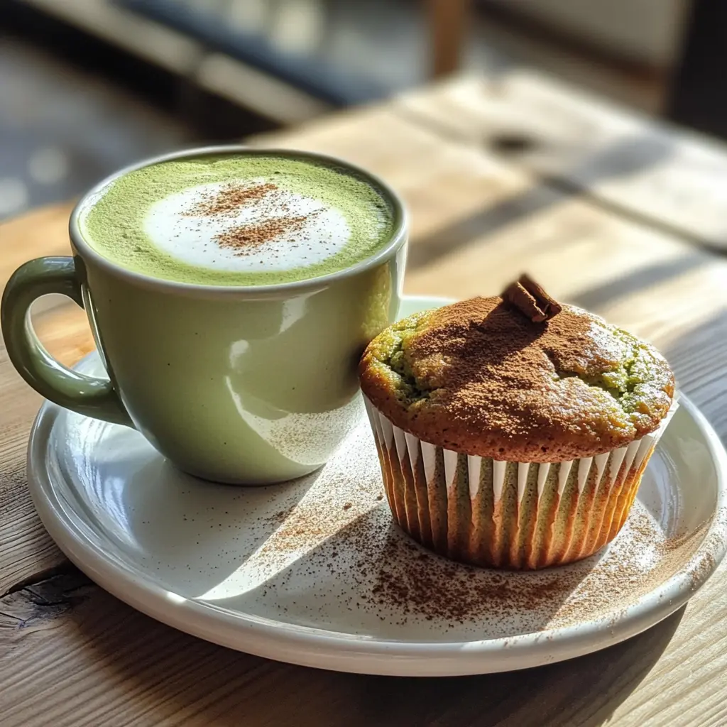 matcha-muffin-almond-latte-pairing. Matcha muffin with almond milk latte pairing