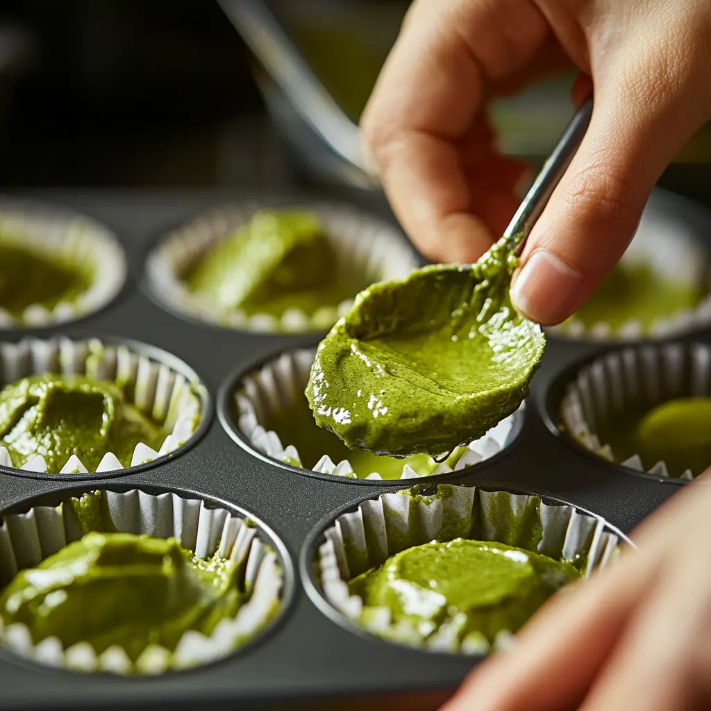 filling-matcha-muffin-tin. Spoon batter into muffin liners for matcha muffins