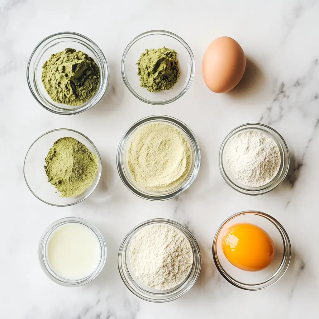 almond-matcha-ingredients-layout Ingredients for matcha muffin recipe with almond flour