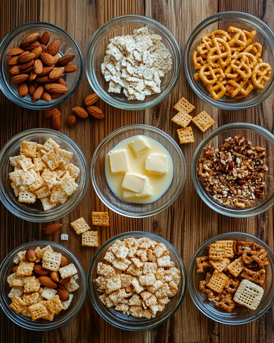 chex-mix-ingredients-setup Ingredients for oven Chex Mix recipe