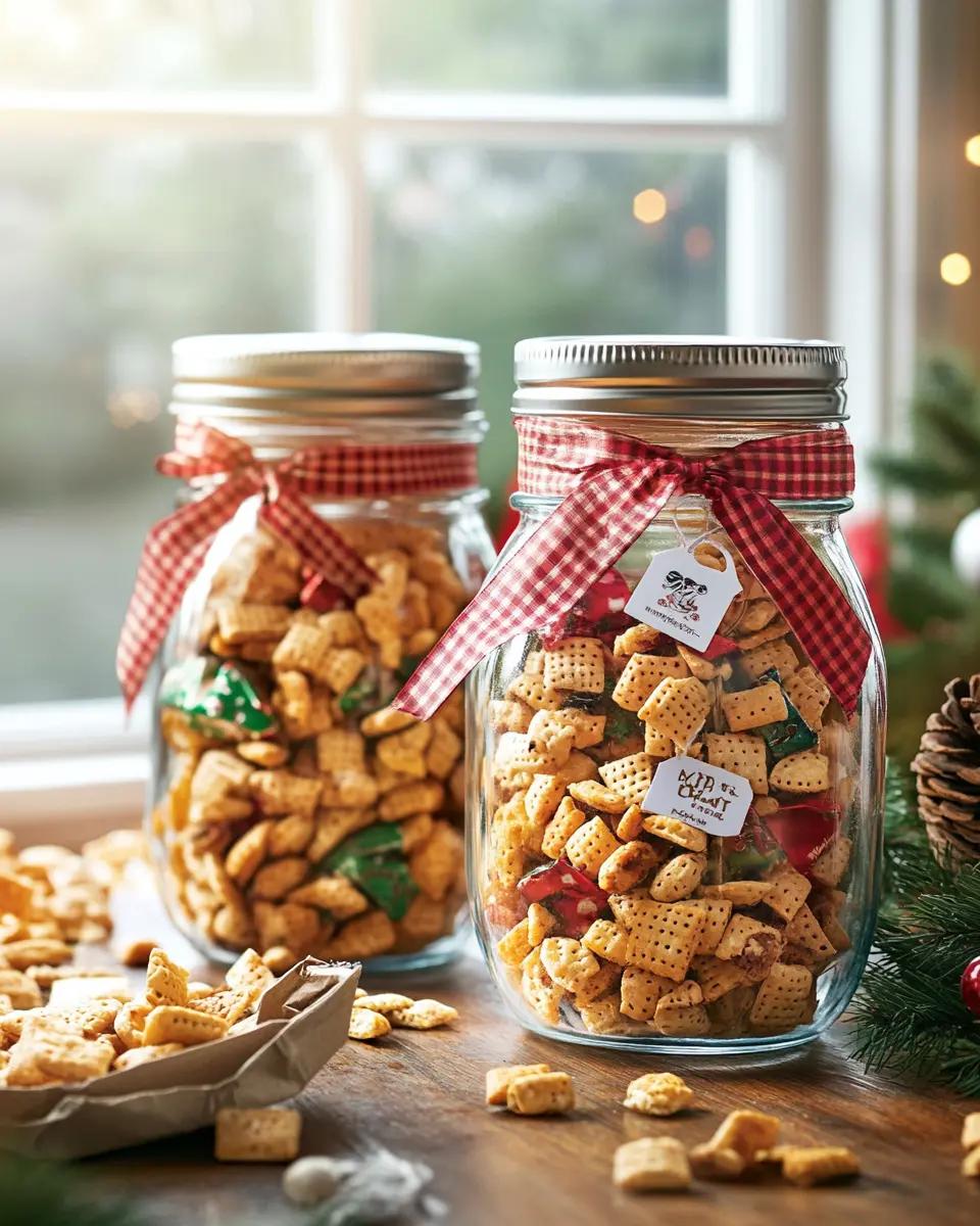 chex-mix-holiday-gift-idea. Gift-ready Chex Mix Recipe Oven in mason jars
